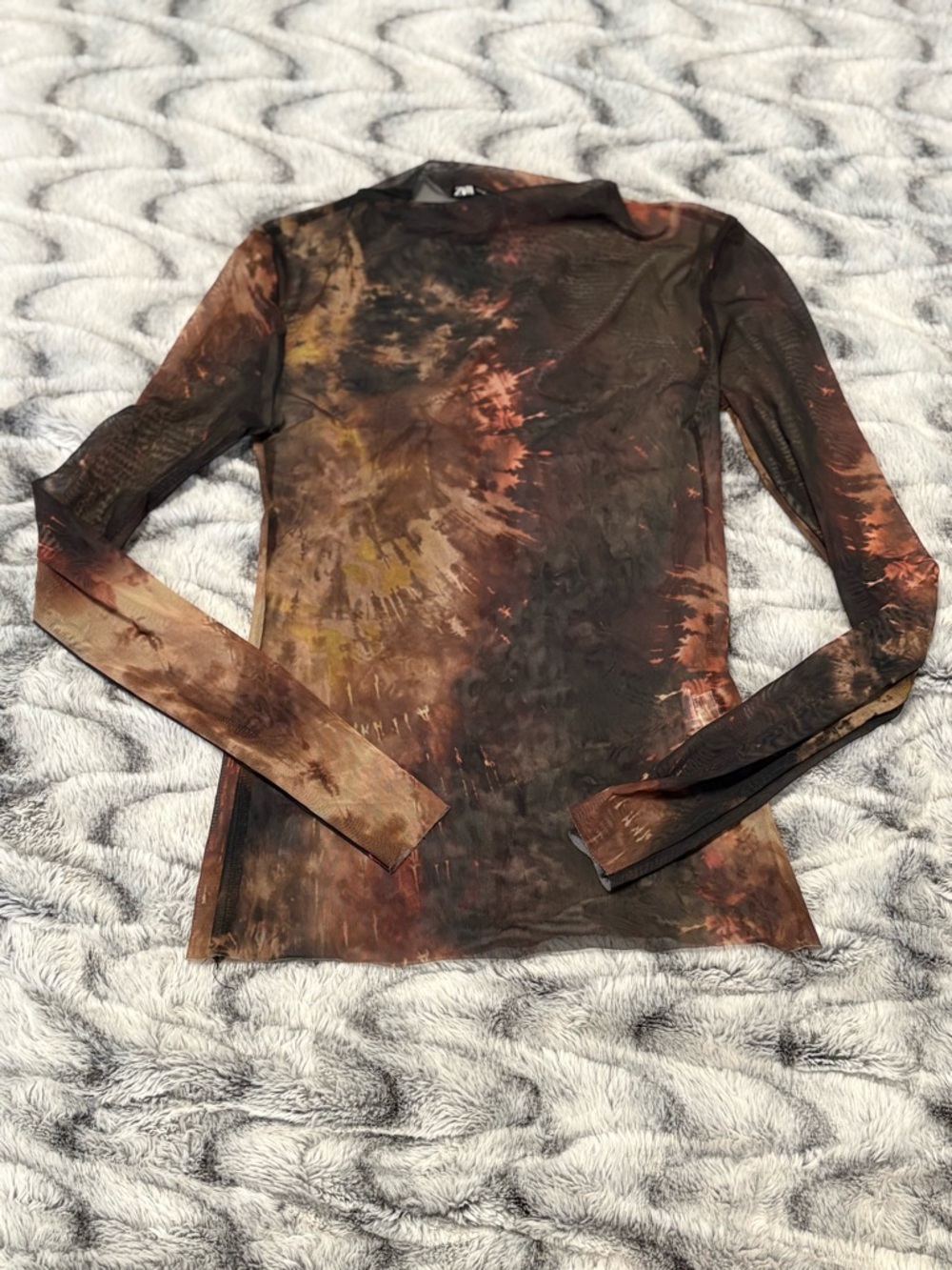 Brown Tie-Dye Long Sleeve Sheer Top
